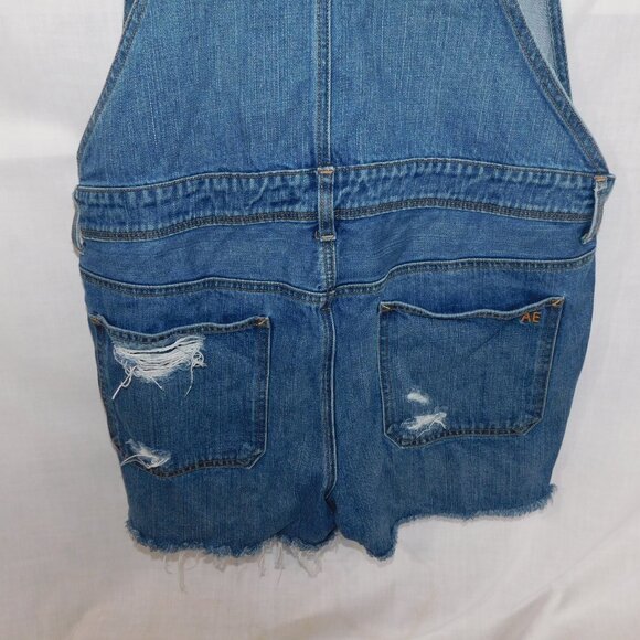 AE American Eagle Womens L Distressed Blue Jean Denim Short Overalls Medium Wash - Picture 11 of 12